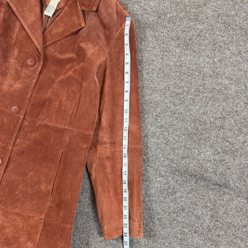 Massini Rust Brown Suede Leather Mid Length Button Front Car Coat Women’s Large - Picture 7 of 9